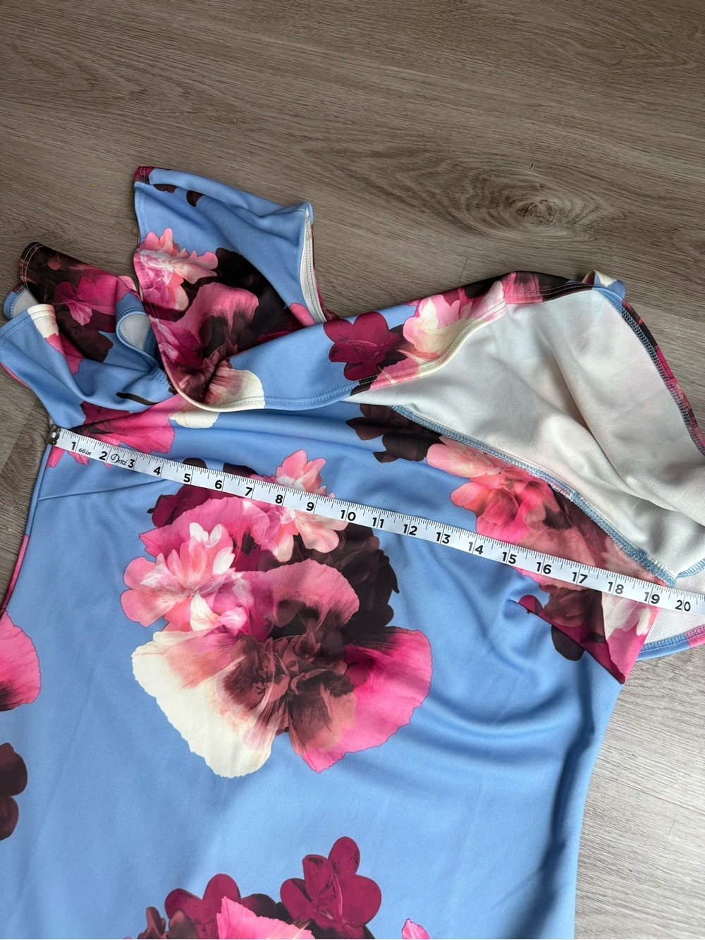 Soprano Blue One-Shoulder Floral Ruffle Dress with Pink Accents - Picture 6 of 13